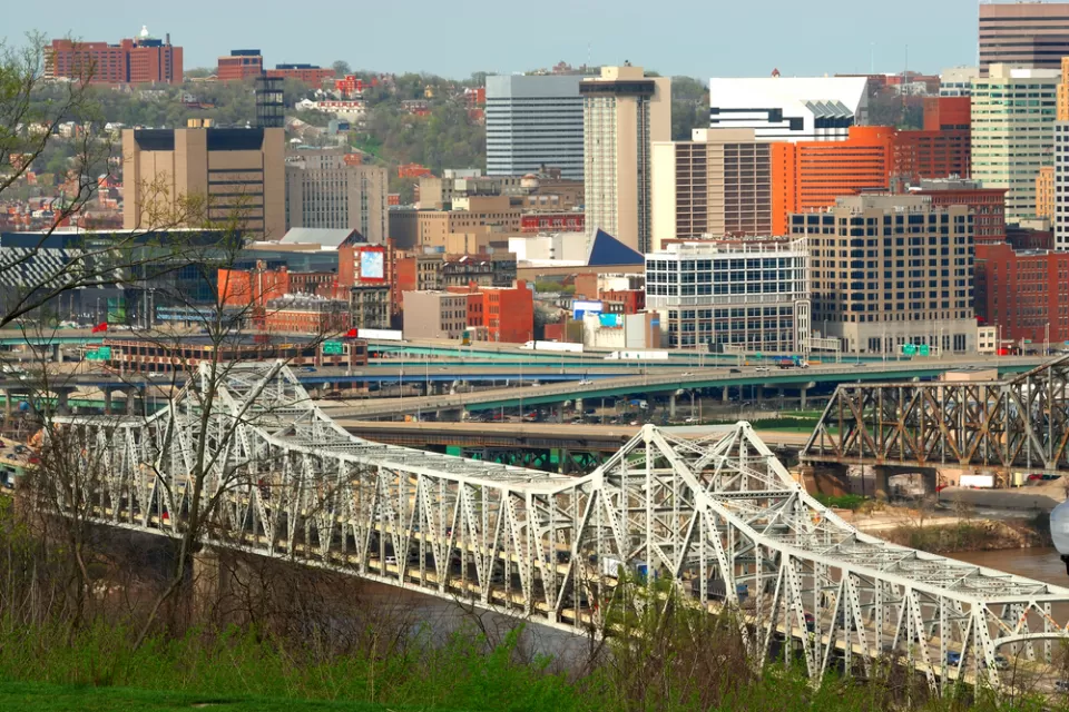 Aerial view of Brent Spence Bridge over Ohio River